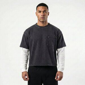 Double Layer Stonewashed Cropped Boxy T-shirt by HL with contrast long sleeves